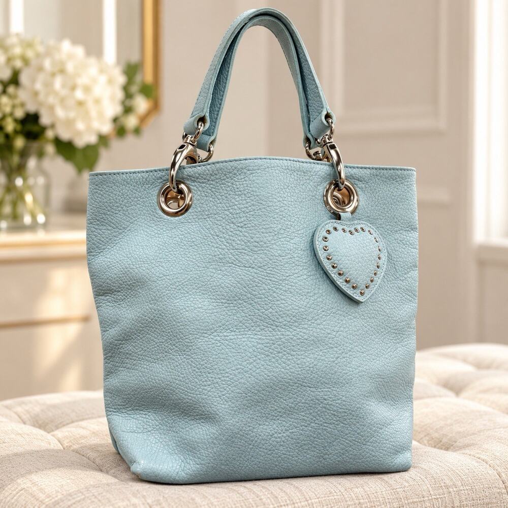 Tanner Light Blue Pebbled Leather Tote Handbag Studded Heart Charm Made in Italy